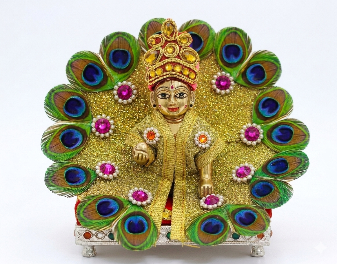 Handcrafted Gold Laddu Gopal Morpankh Poshak Set with Crown