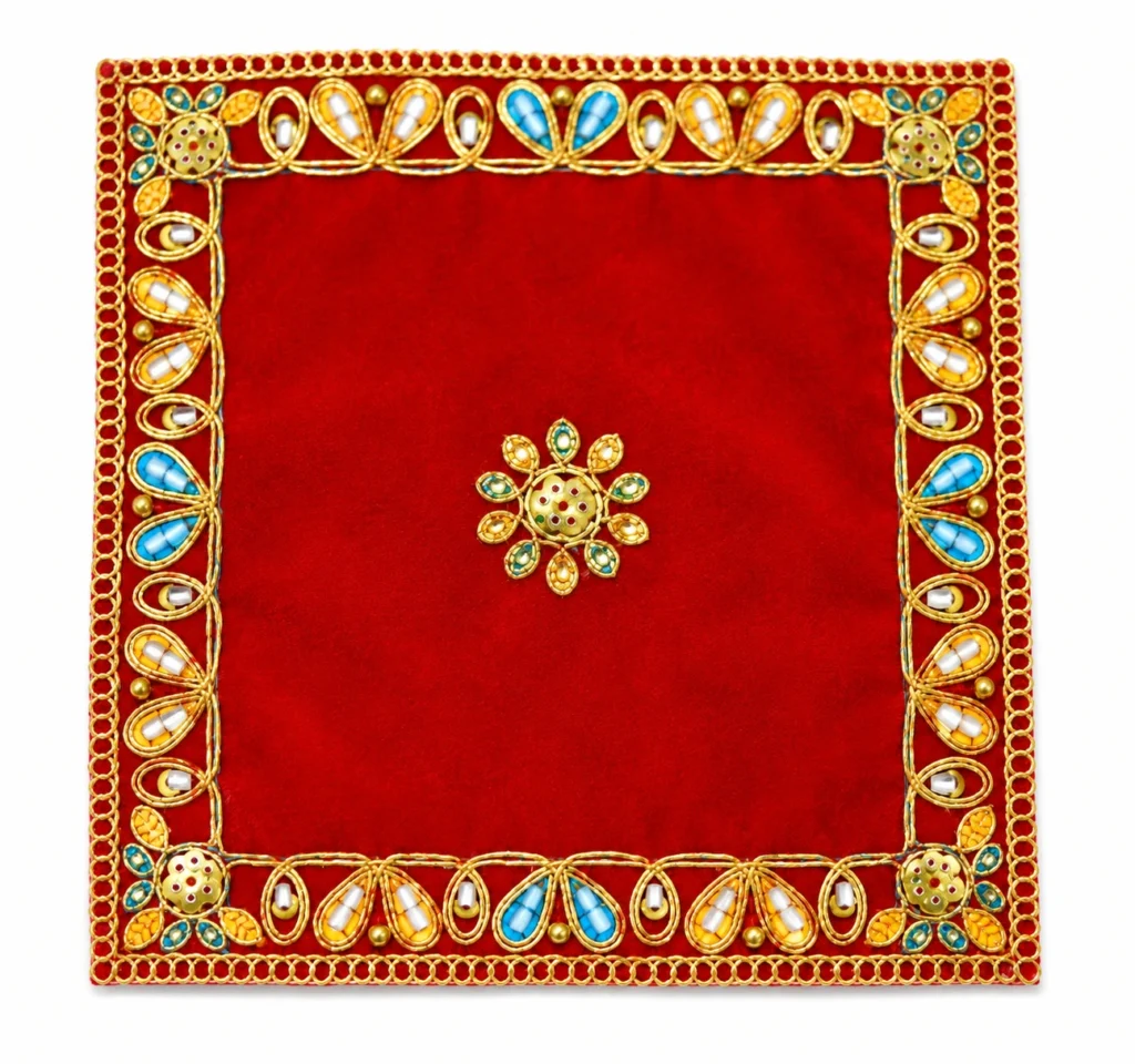 Red Velvet Deity Aasan Mat / Chowki - 4304