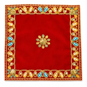 Red Velvet Deity Aasan Mat / Chowki - 4304
